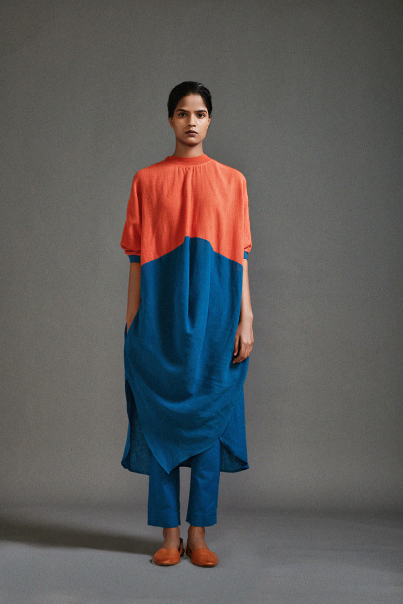 Rust & Blue CB Cowl Tunic Set cotton by Mati in blue color for women Worldwide