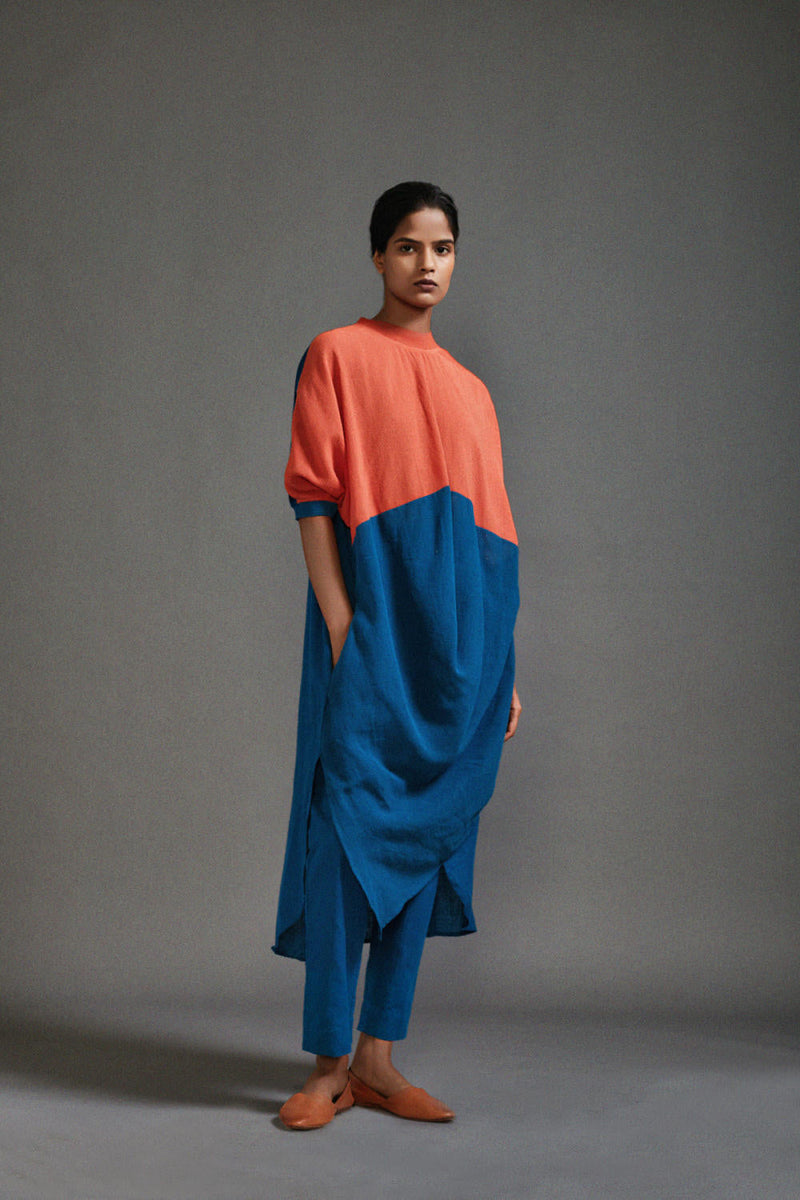 Rust & Blue CB Cowl Tunic cotton by Mati in blue color for women Worldwide