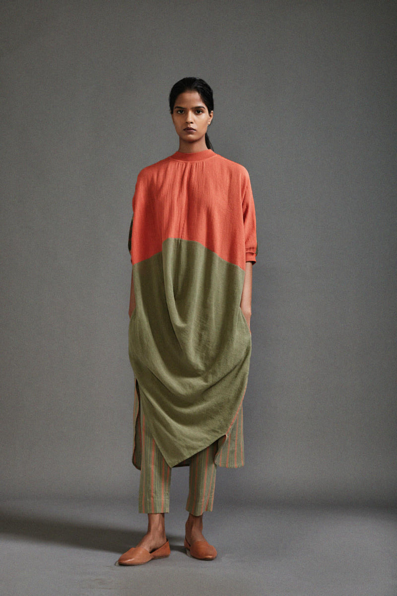 Rust & Green CB Cowl Tunic cotton by Mati in green color for women Worldwide
