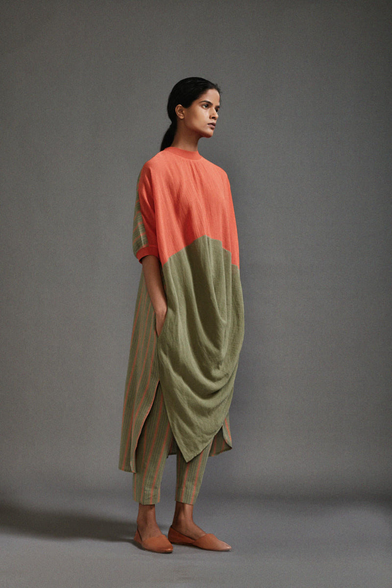 Rust & Green CB Cowl Tunic cotton by Mati in green color for women Worldwide