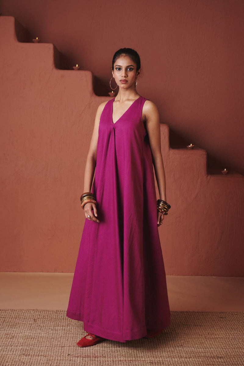 Orchid Co Linen Flared Dress cotton by Saphed in purple color for women Worldwide