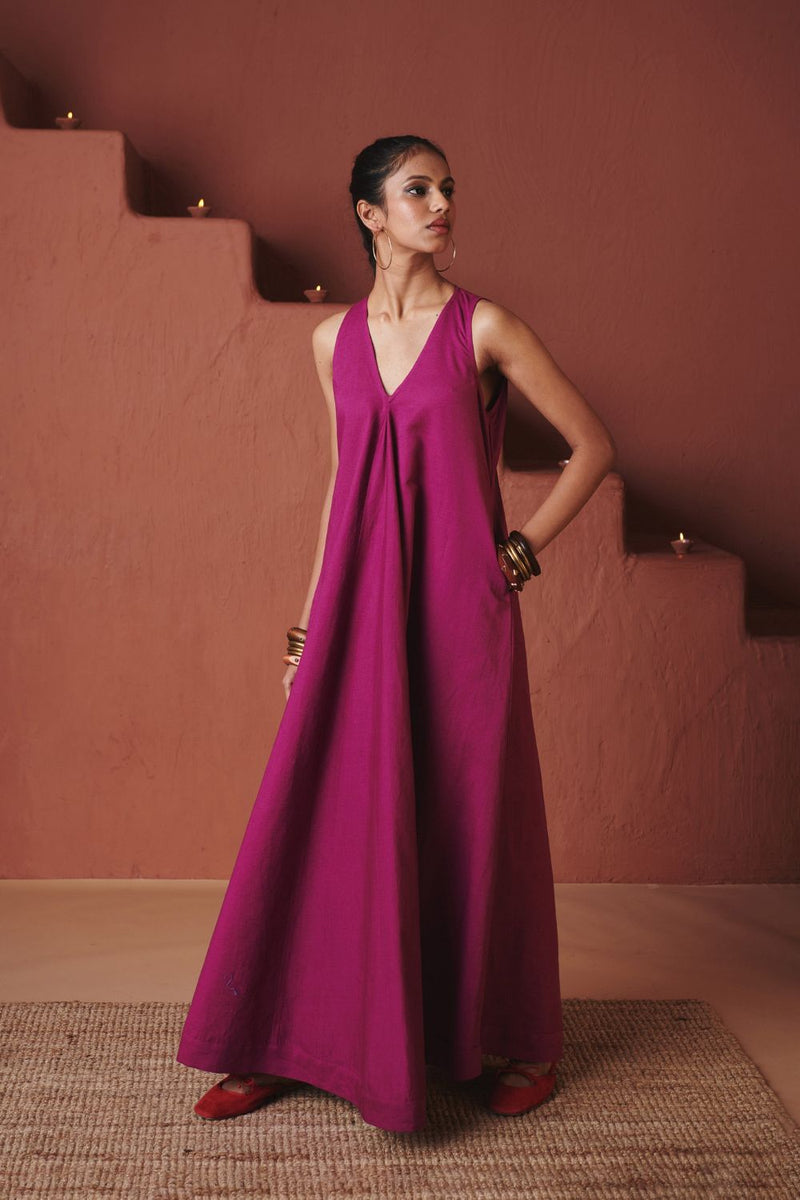 Orchid Co Linen Flared Dress cotton by Saphed in purple color for women Worldwide
