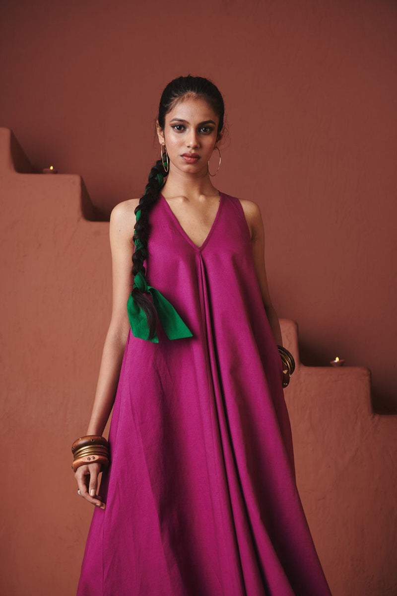 Orchid Co Linen Flared Dress cotton by Saphed in purple color for women Worldwide