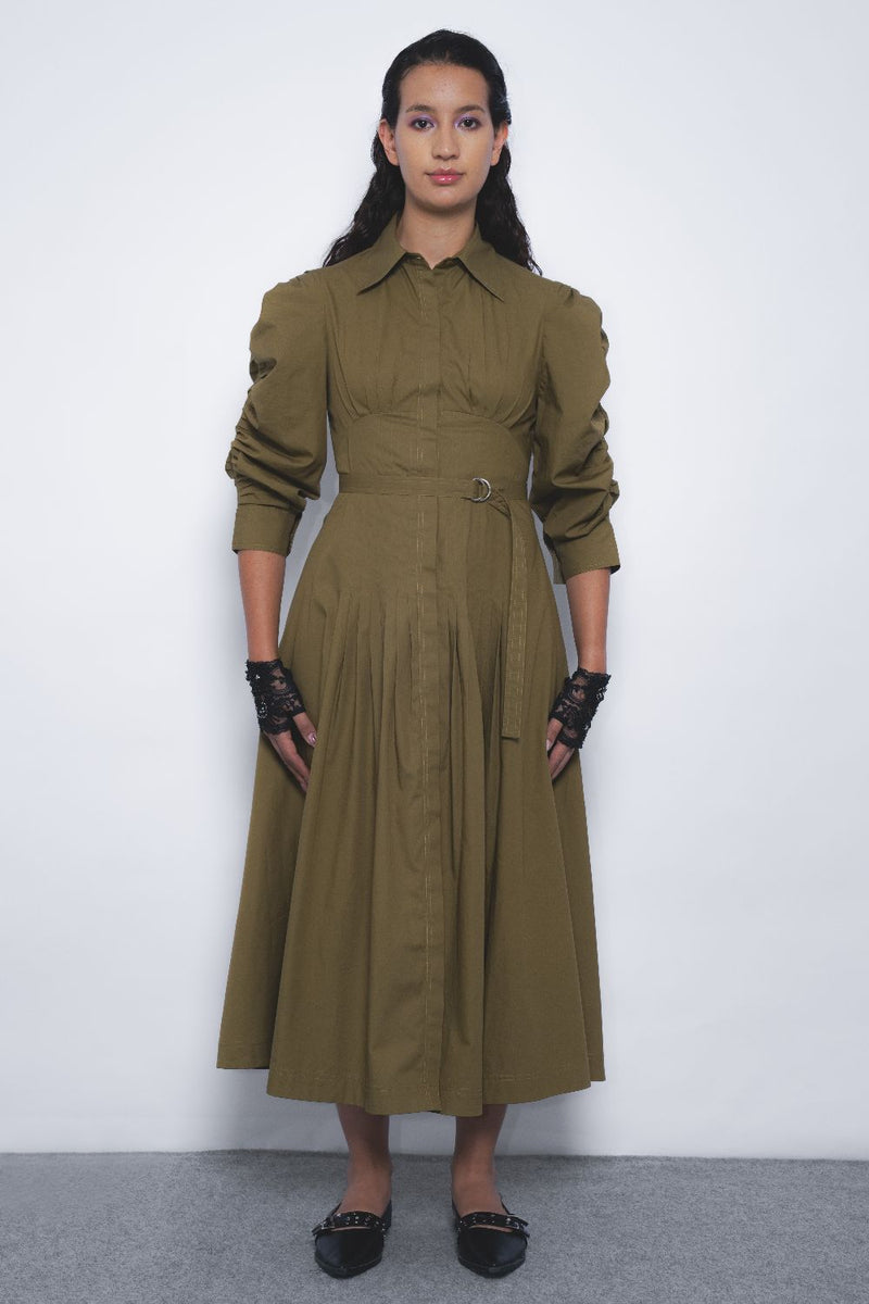 Oribu Dress - Olive cotton by Leh Studios in olive color for women Worldwide