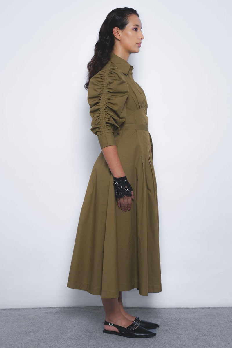 Oribu Dress - Olive cotton by Leh Studios in olive color for women Worldwide