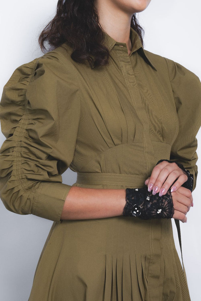 Oribu Dress - Olive cotton by Leh Studios in olive color for women Worldwide