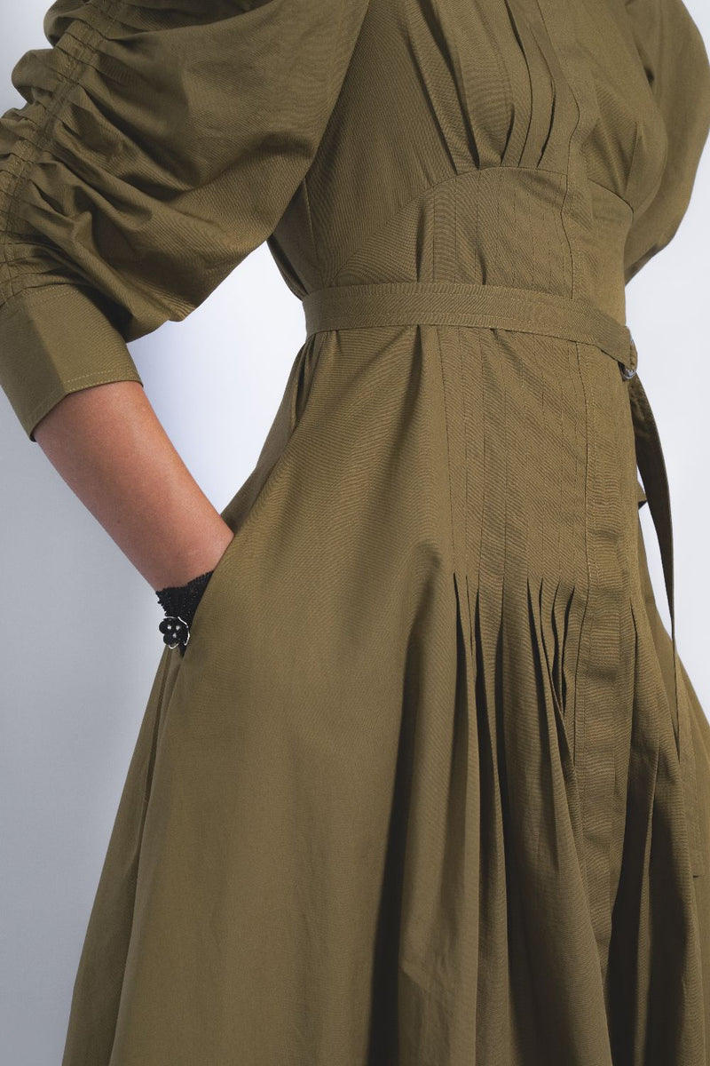 Oribu Dress - Olive cotton by Leh Studios in olive color for women Worldwide