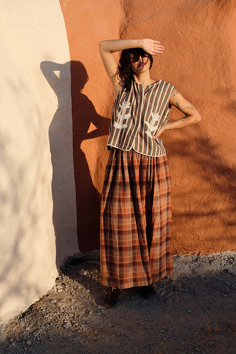 Oxford Skirt-Autumn Plaid handwoven cotton skirt by World of Crow in terracotta,rust brown,beige,and chocolate for women Worldwide