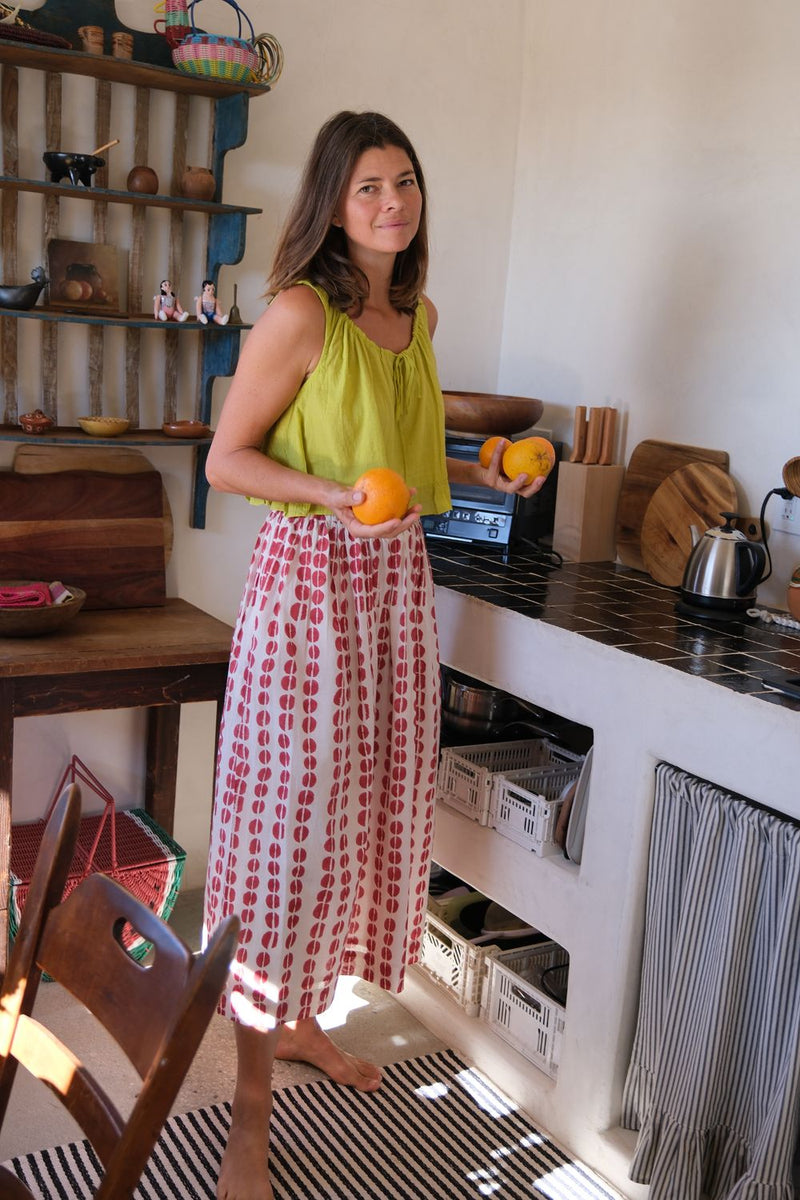 Oxford Skirt — Crimson hand block printed cotton skirt by World of Crow in off white for women Worldwide