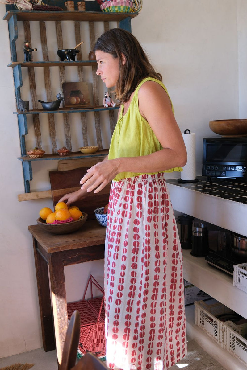 Oxford Skirt — Crimson hand block printed cotton skirt by World of Crow in off white for women Worldwide