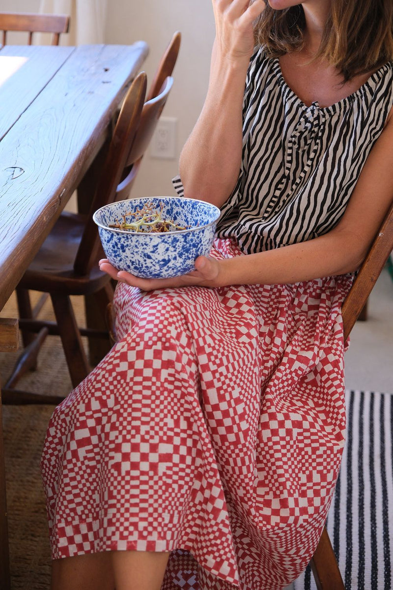 Oxford Skirt — Red hand block printed cotton skirt by World of Crow in white for women Worldwide