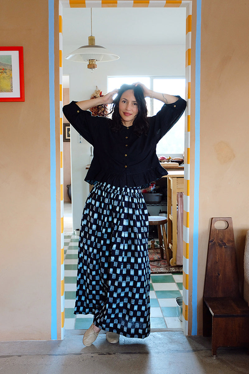 Oxford Skirt-Black & White Ikat handwoven cotton skirt by World of Crow in navy,white for women Worldwide