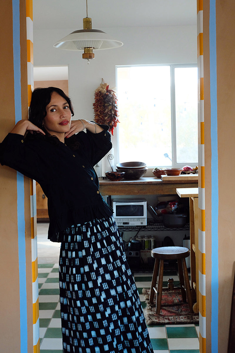 Oxford Skirt-Black & White Ikat handwoven cotton skirt by World of Crow in navy,white for women Worldwide