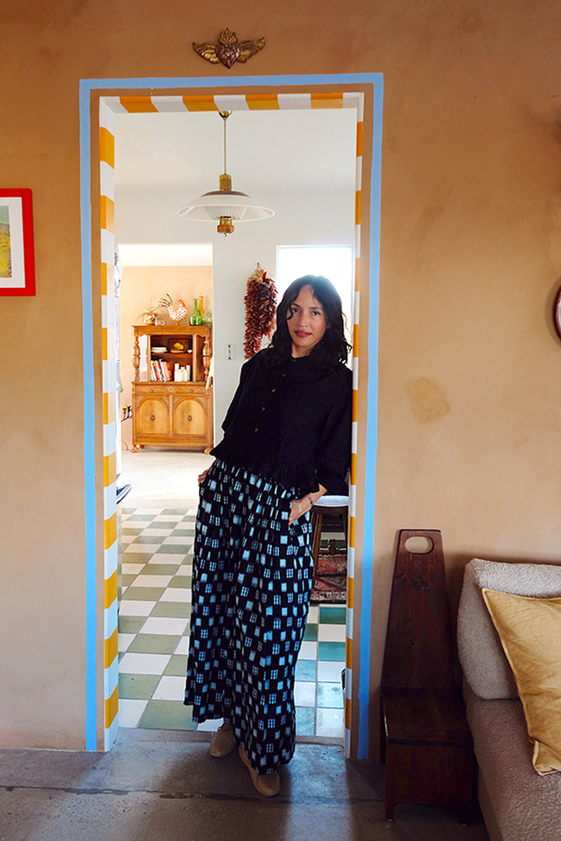 Oxford Skirt-Black & White Ikat handwoven cotton skirt by World of Crow in navy,white for women Worldwide