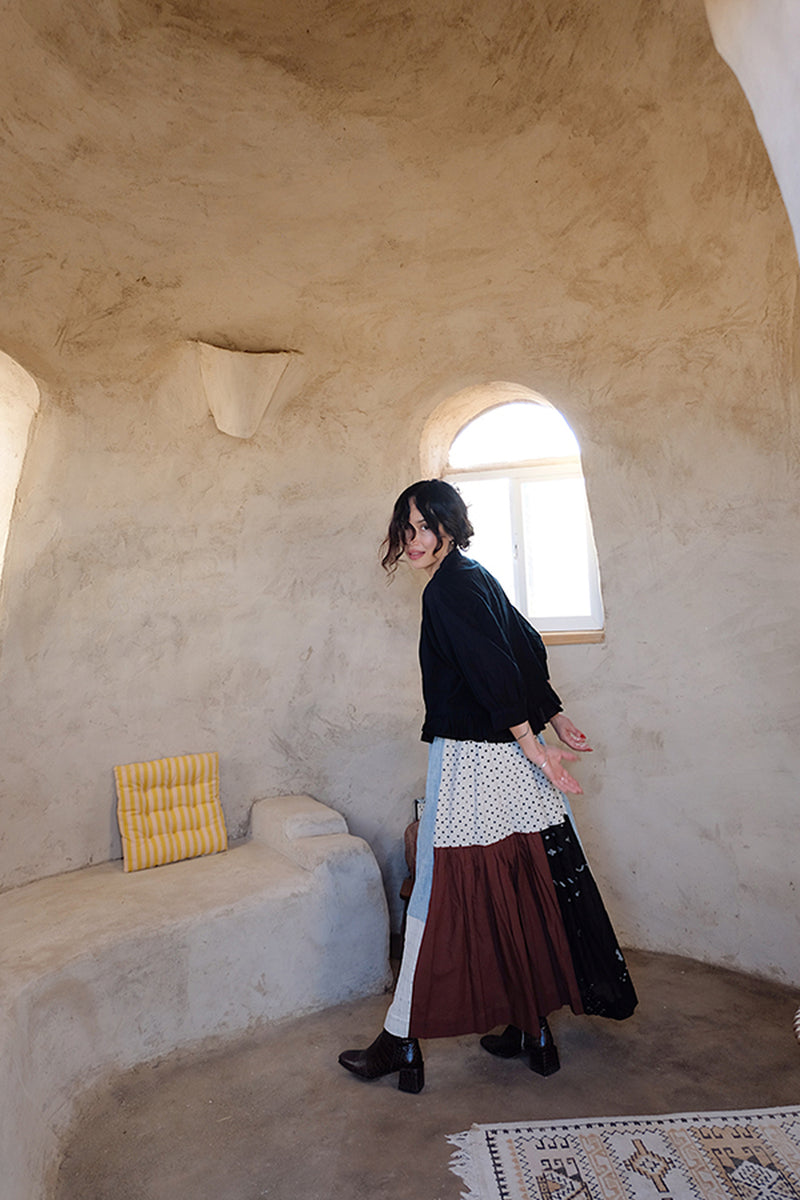Oxford Skirt-Earthy Block handwoven cotton skirt by World of Crow in multi-color for women Worldwide