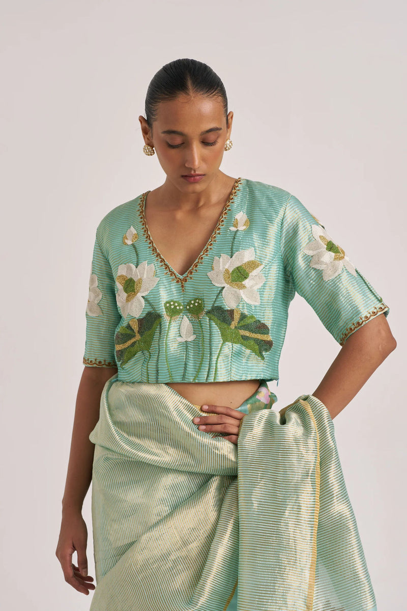 Padma Blouse-Aqua silk linen by Suparna Som in red for women Worldwide