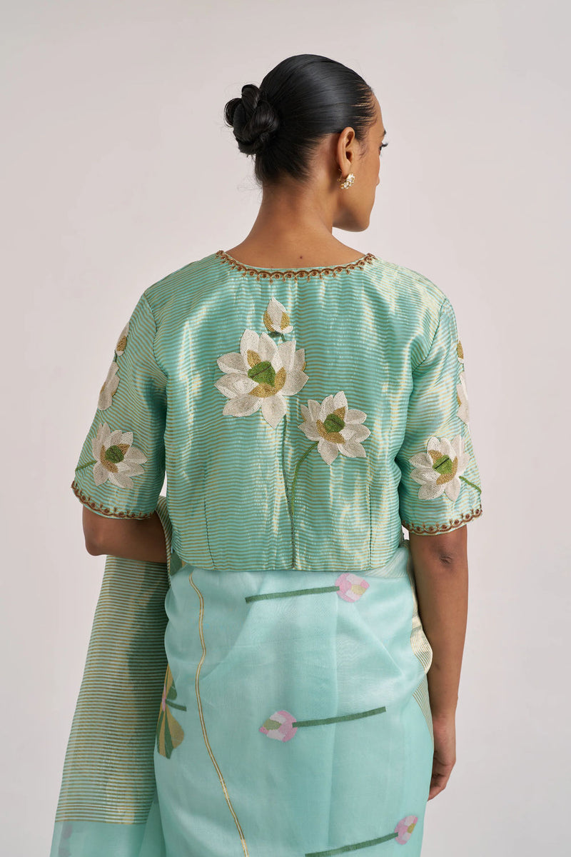 Padma Blouse-Aqua silk linen by Suparna Som in red for women Worldwide