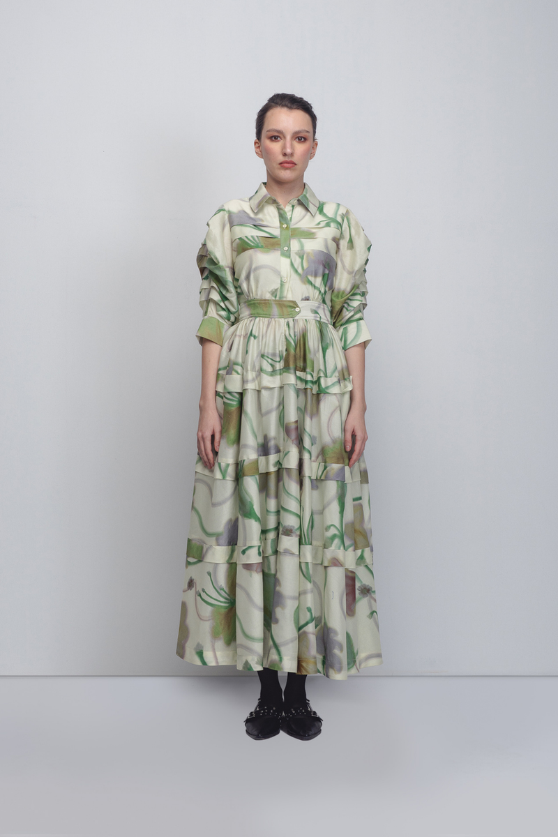 Paron Print Pleated Dress - Paron Print in Mint cotton by Leh Studios for women Worldwide