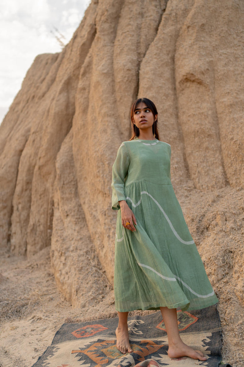 PASTEL GREEN KARA DRESS chanderi by Nirjara in green color for women Worldwide