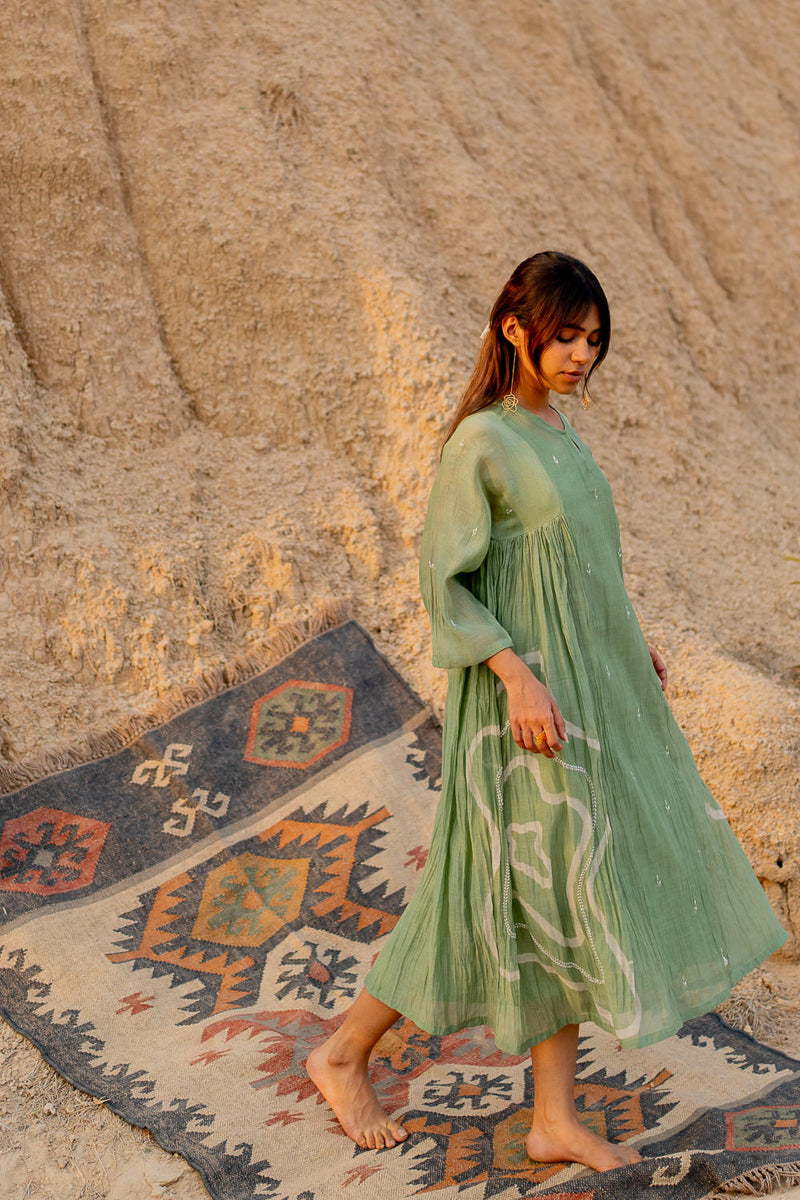 PASTEL GREEN RUZGAR DRESS chanderi by Nirjara in green color for women Worldwide