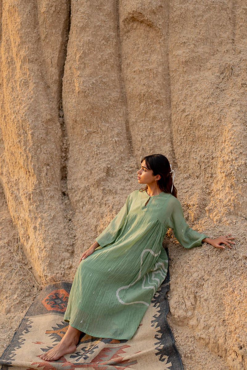 PASTEL GREEN RUZGAR DRESS chanderi by Nirjara in green color for women Worldwide