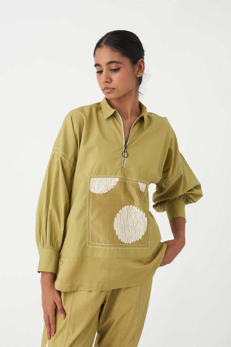 PATCH U-HEM TOP - GREEN poplin by THREE in green color for women Worldwide