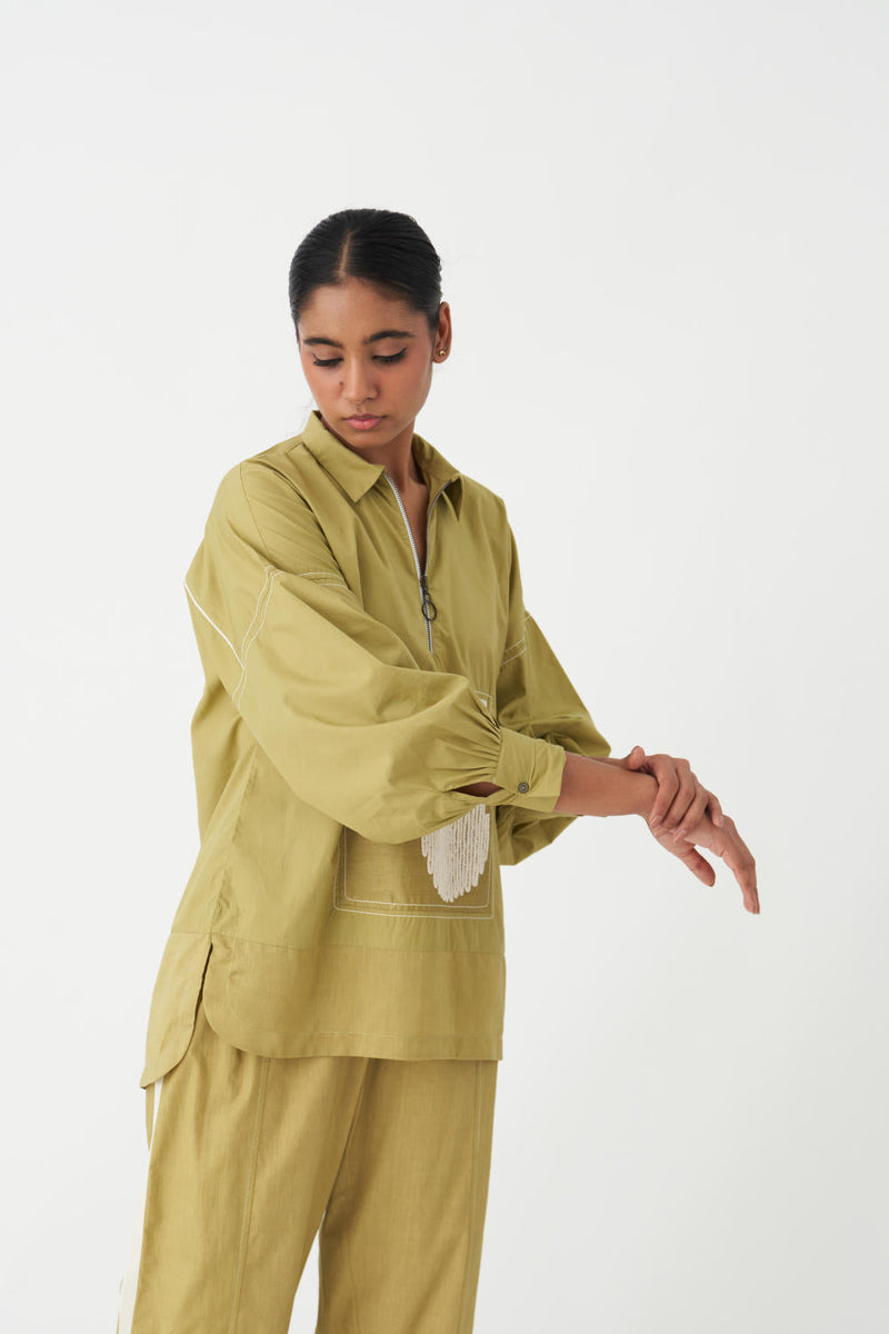 PATCH U-HEM TOP CO-ORD (SET OF 2) - MOSS GREEN chanderi by THREE in green color for women Worldwide