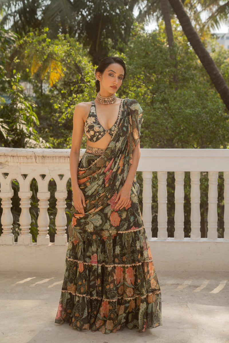 PH-3061 Saree-Black chiffon by Paulmi & Harsh in black color for women Worldwide