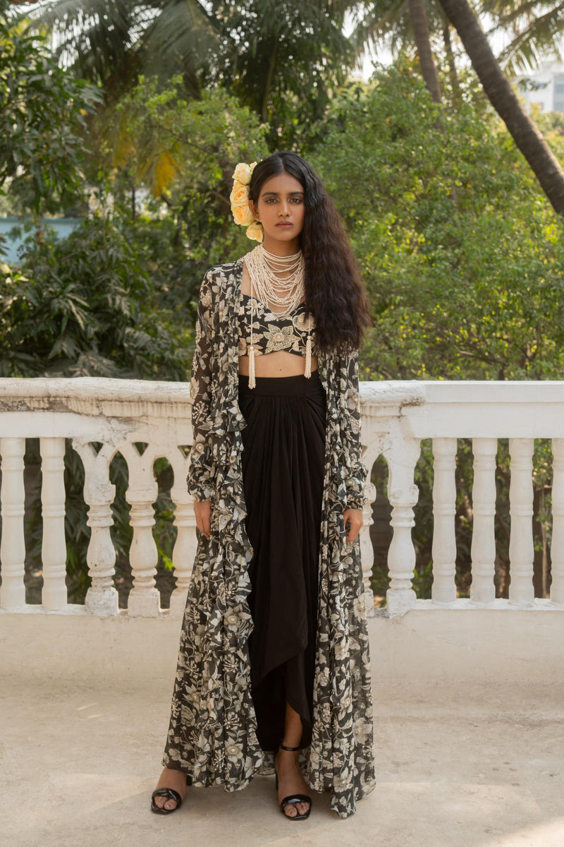 PH-3063 Jacket Skirt Set-Black georgette by Paulmi & Harsh in black color for women Worldwide