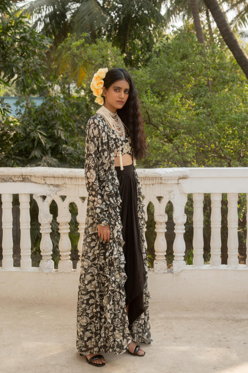 PH-3063 Jacket Skirt Set-Black georgette by Paulmi & Harsh in black color for women Worldwide