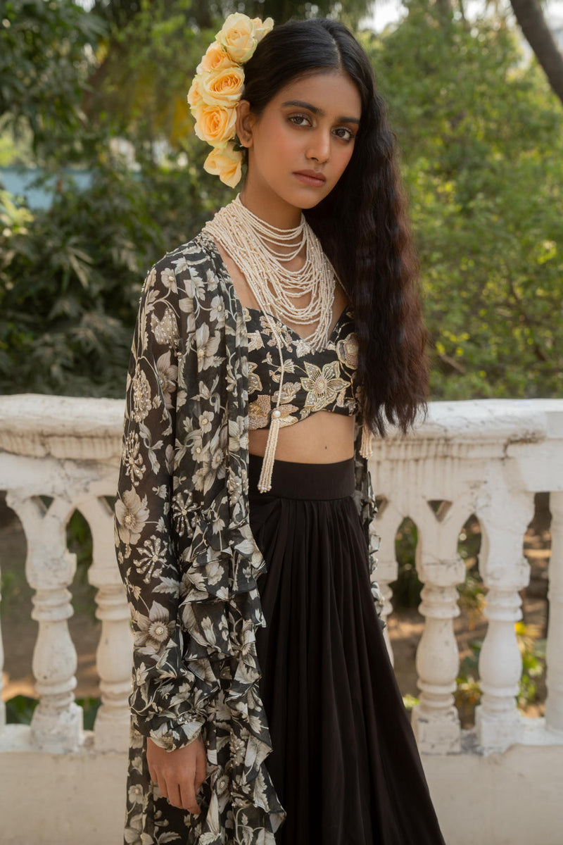 PH-3063 Jacket Skirt Set-Black georgette by Paulmi & Harsh in black color for women Worldwide