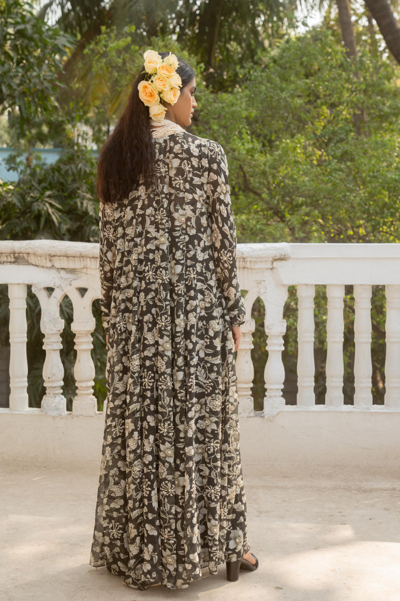 PH-3063 Jacket Skirt Set-Black georgette by Paulmi & Harsh in black color for women Worldwide