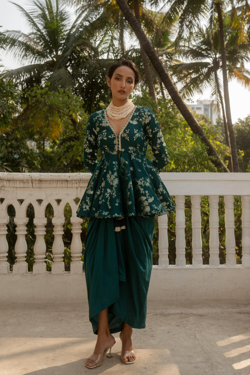 PH-3064 Peplum Skirt Set-Emerald Green by Paulmi & Harsh in green color for women Worldwide