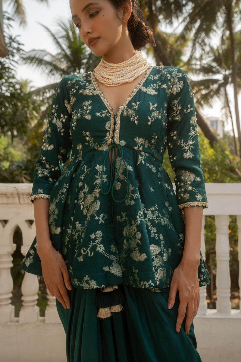 PH-3064 Peplum Skirt Set-Emerald Green by Paulmi & Harsh in green color for women Worldwide