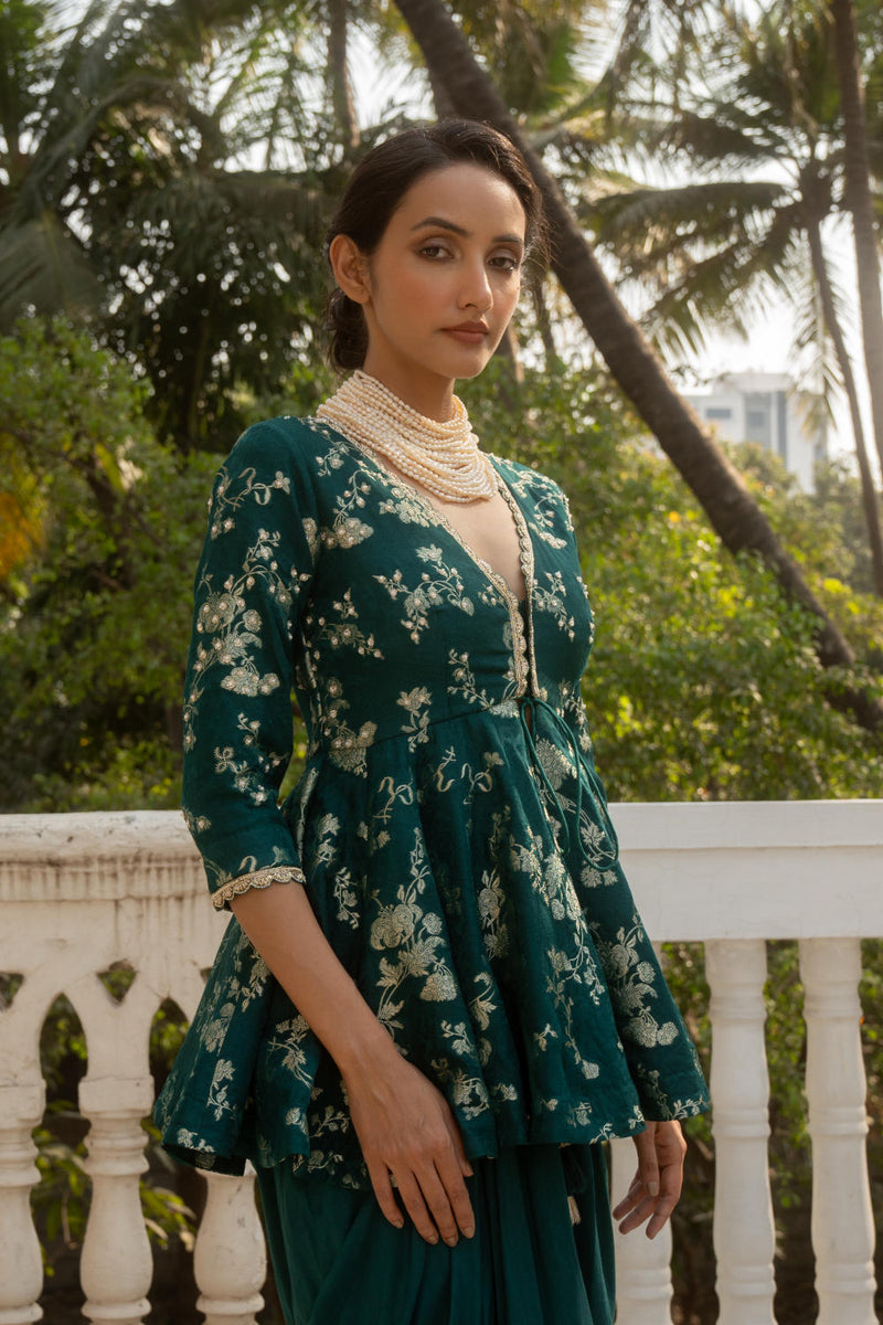PH-3064 Peplum Skirt Set-Emerald Green by Paulmi & Harsh in green color for women Worldwide