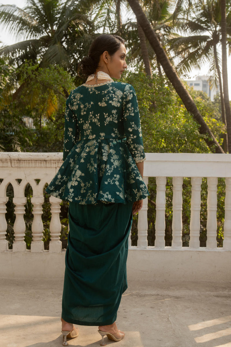 PH-3064 Peplum Skirt Set-Emerald Green by Paulmi & Harsh in green color for women Worldwide