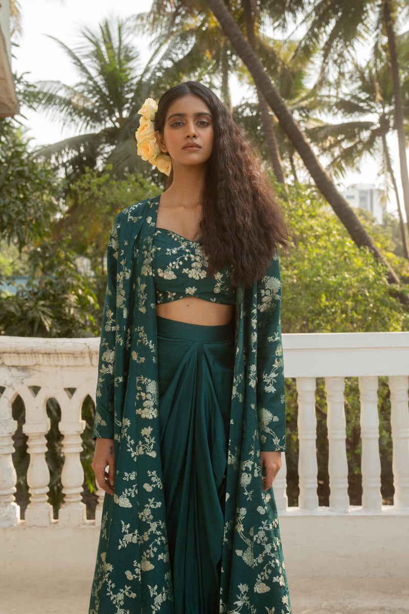 PH-3065 Jacket Skirt Set-Emerald Green by Paulmi & Harsh in green color for women Worldwide