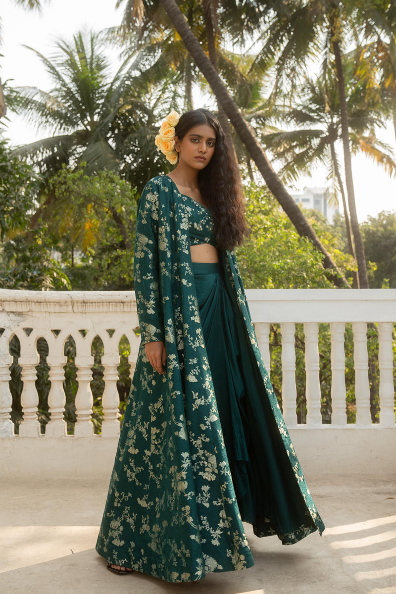 PH-3065 Jacket Skirt Set-Emerald Green by Paulmi & Harsh in green color for women Worldwide