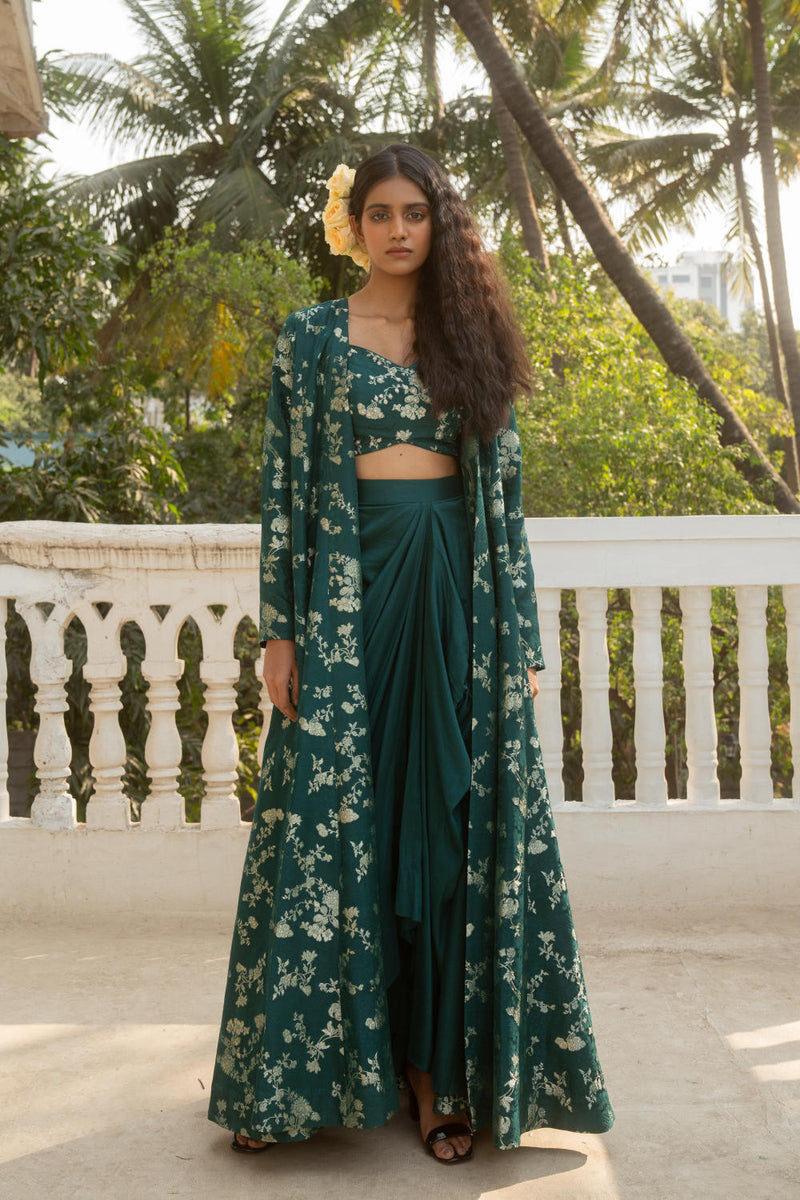 PH-3065 Jacket Skirt Set-Emerald Green by Paulmi & Harsh in green color for women Worldwide