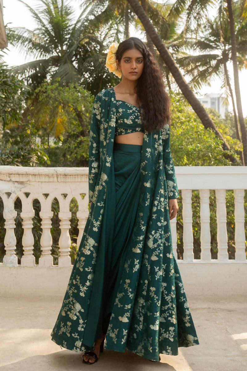 PH-3065 Jacket Skirt Set-Emerald Green by Paulmi & Harsh in green color for women Worldwide