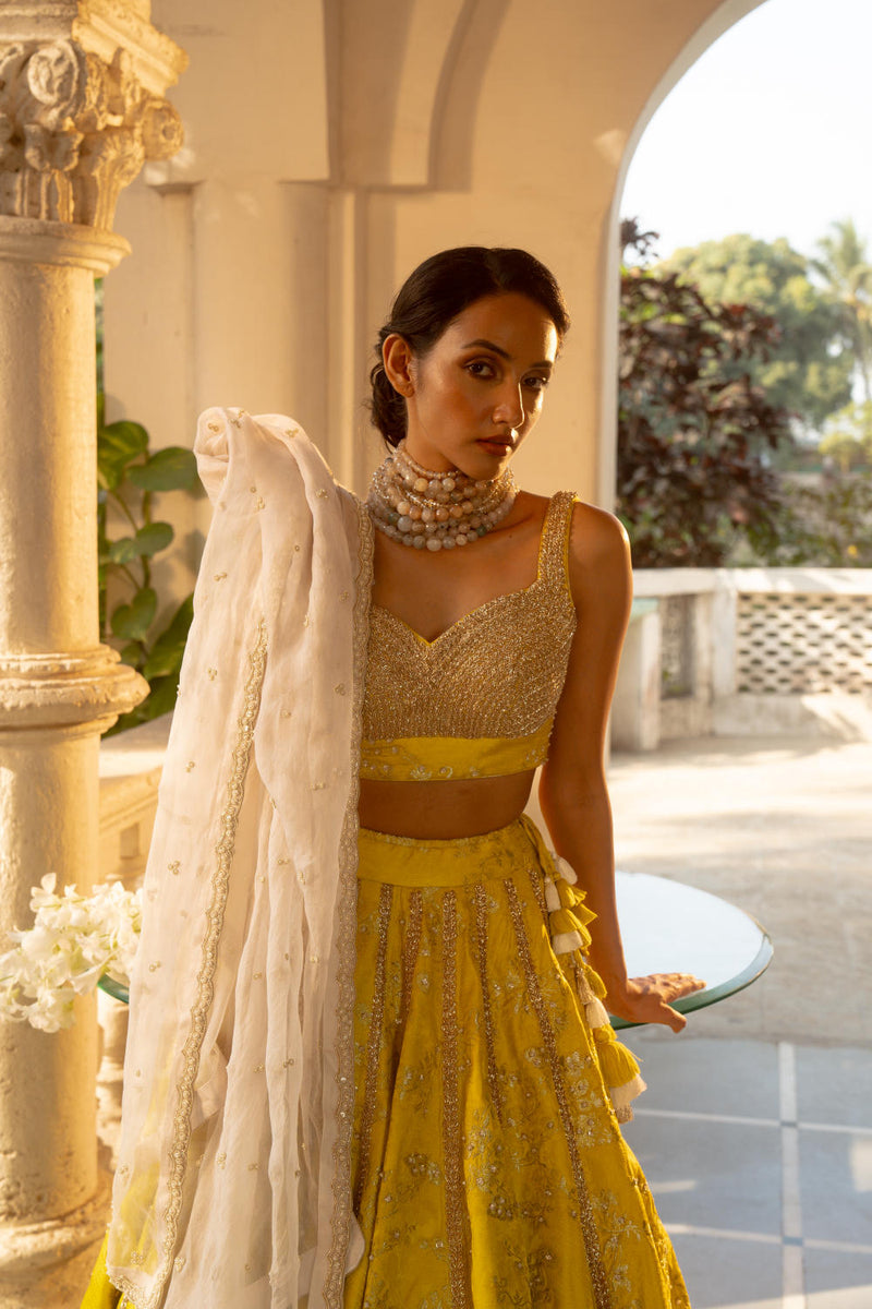 PH-3066 Lehenga Blouse Set-Lime Yellow by Paulmi & Harsh in yellow color for women Worldwide