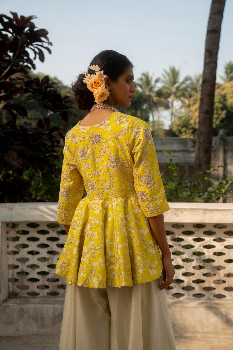 PH-3077 Peplum Palazzo Set-Lime Yellow silk by Paulmi & Harsh in yellow color for women Worldwide