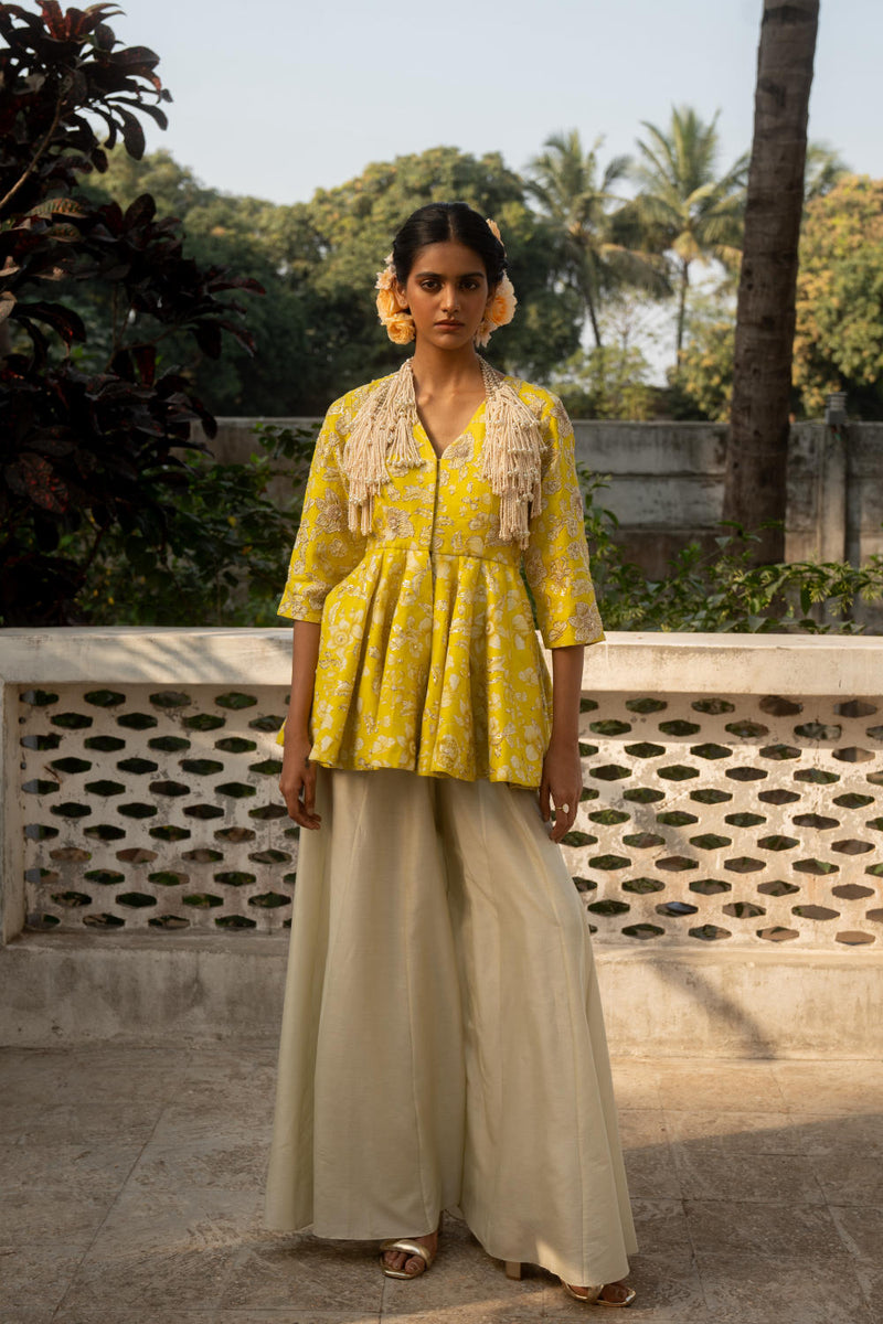 PH-3077 Peplum Palazzo Set-Lime Yellow silk by Paulmi & Harsh in yellow color for women Worldwide