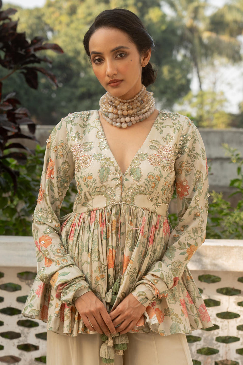 PH-3078 Peplum Palazzo Set-Ivory silk by Paulmi & Harsh in ivory color for women Worldwide