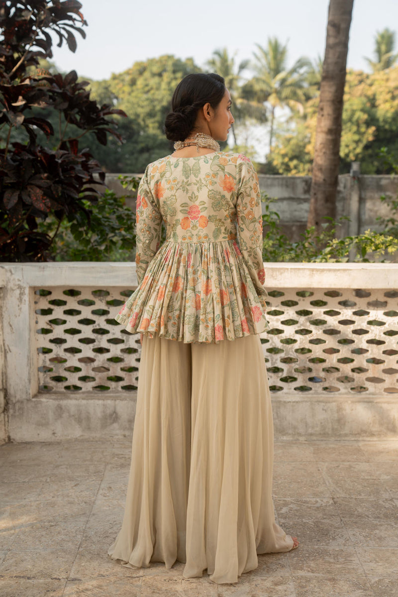 PH-3078 Peplum Palazzo Set-Ivory silk by Paulmi & Harsh in ivory color for women Worldwide