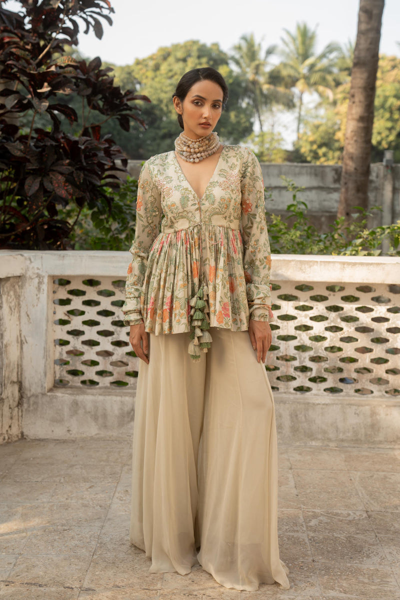 PH-3078 Peplum Palazzo Set-Ivory silk by Paulmi & Harsh in ivory color for women Worldwide