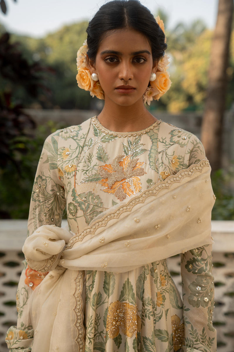 PH-3079 Anarkali Dupatta Set-Ivory silk by Paulmi & Harsh in ivory color for women Worldwide