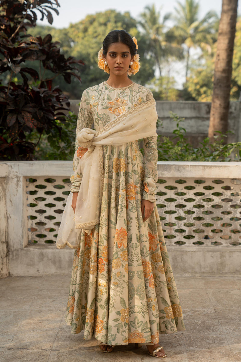 PH-3079 Anarkali Dupatta Set-Ivory silk by Paulmi & Harsh in ivory color for women Worldwide