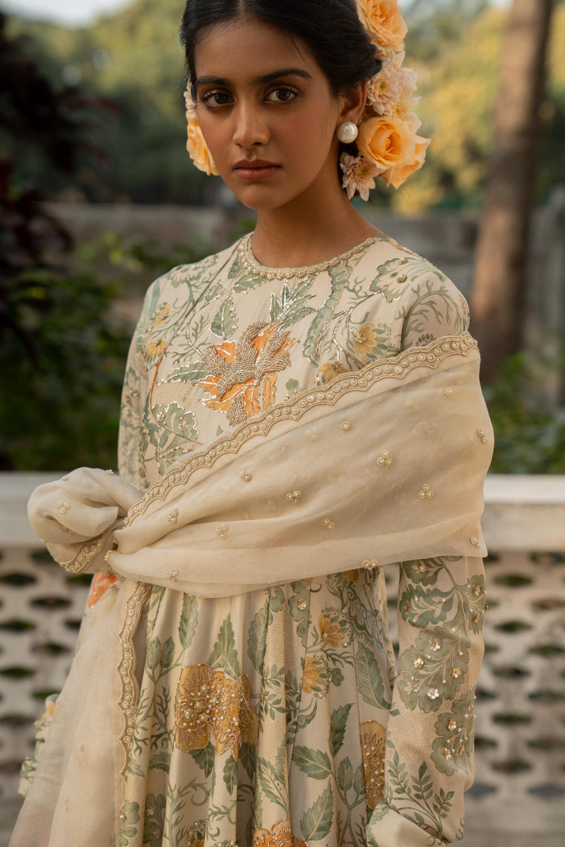PH-3079 Anarkali Dupatta Set-Ivory silk by Paulmi & Harsh in ivory color for women Worldwide
