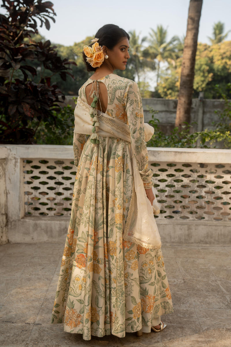 PH-3079 Anarkali Dupatta Set-Ivory silk by Paulmi & Harsh in ivory color for women Worldwide